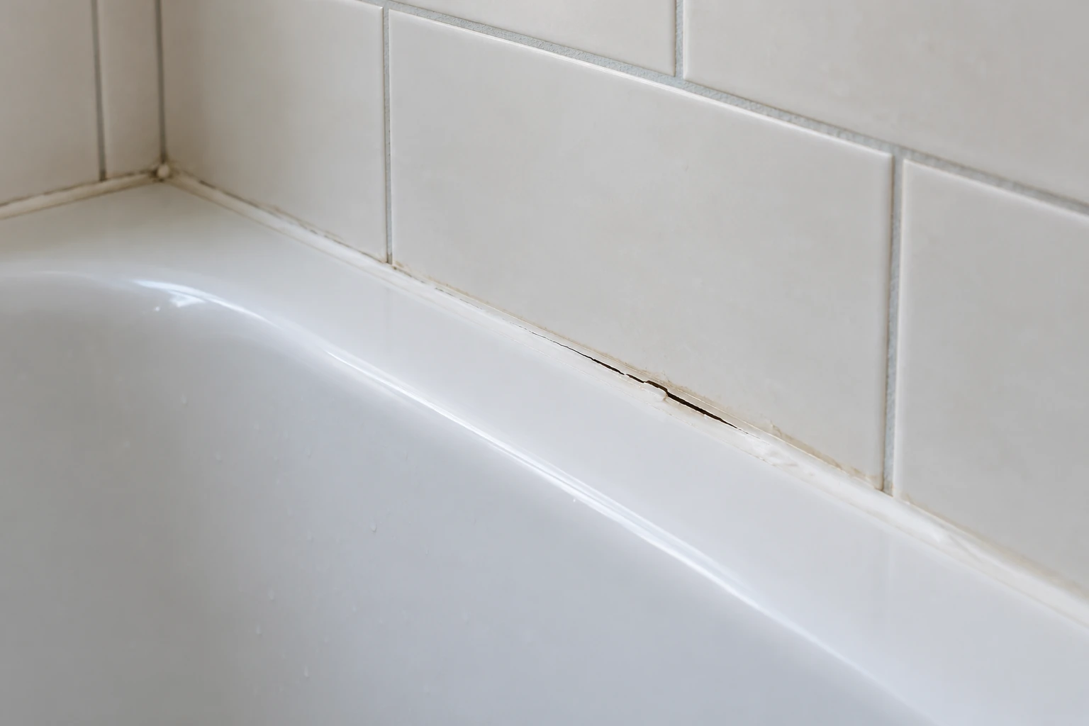 Cracked white caulk where a bathtub rim meets a tiled bathroom wall.